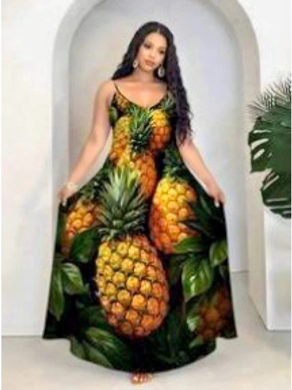 Pineapple Print Maxi Dress in Green & Yellow Like New